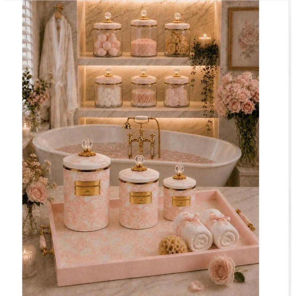 Mackenzie Childs Large Rosy Check Pink and White Glass Canister New
